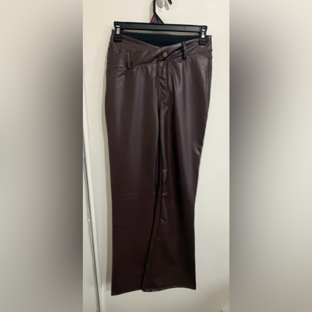 Halara Asymmetric High Waisted Tummy Control faux leather casual flare PantsS XS